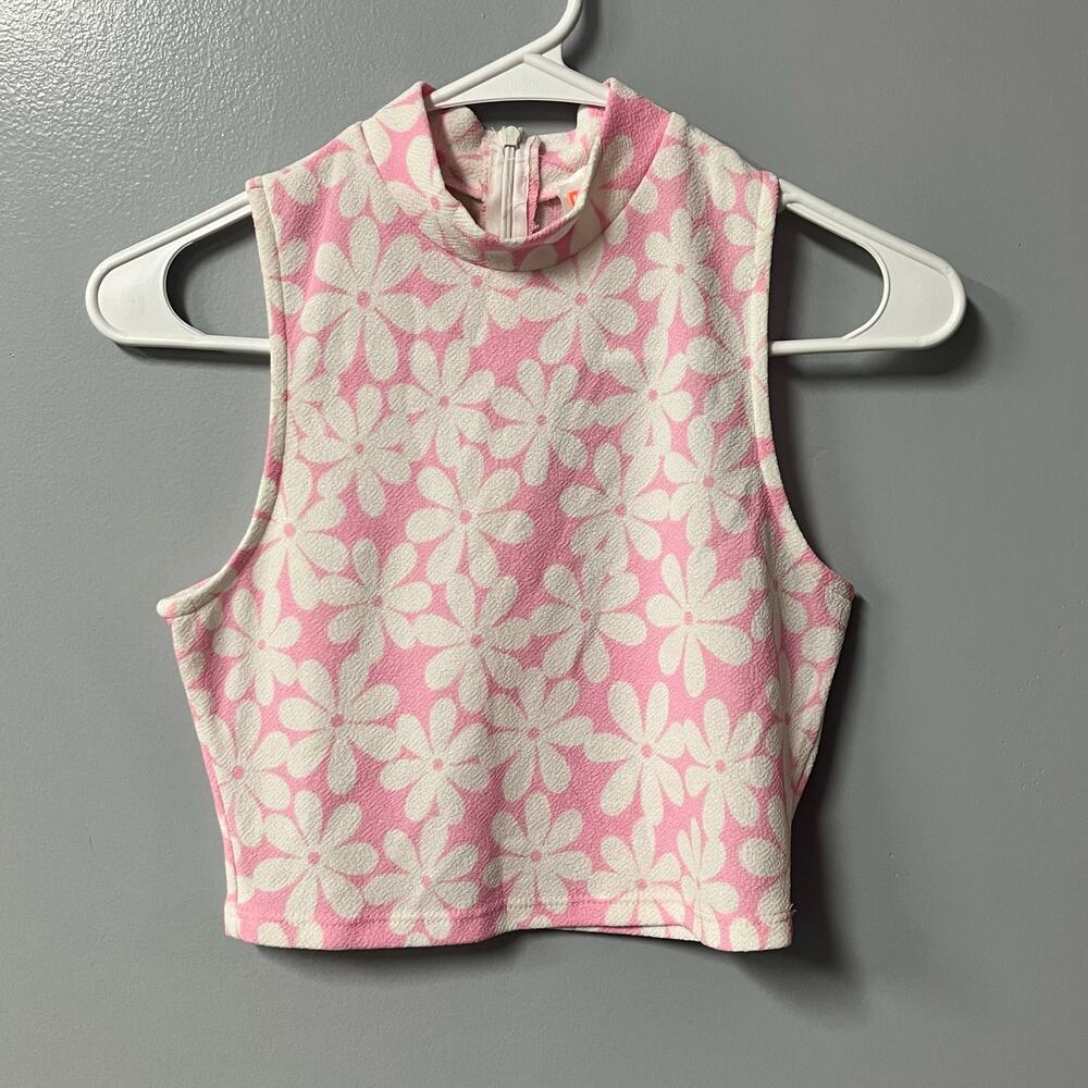 pink daisy floral tank top moon‎ size small summer retro style